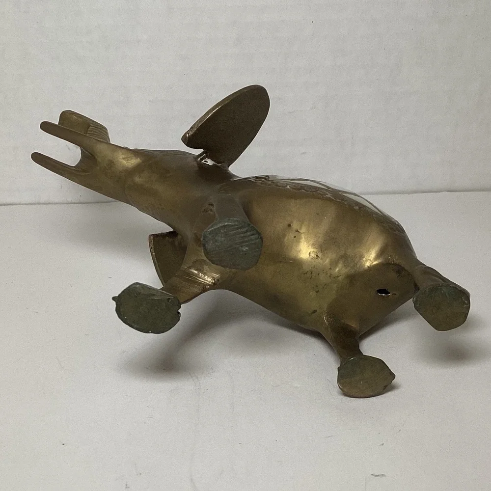 Vintage Brass Elephant Figurine Mother of Pearl Inlay Trunk Up Good Luck Decor